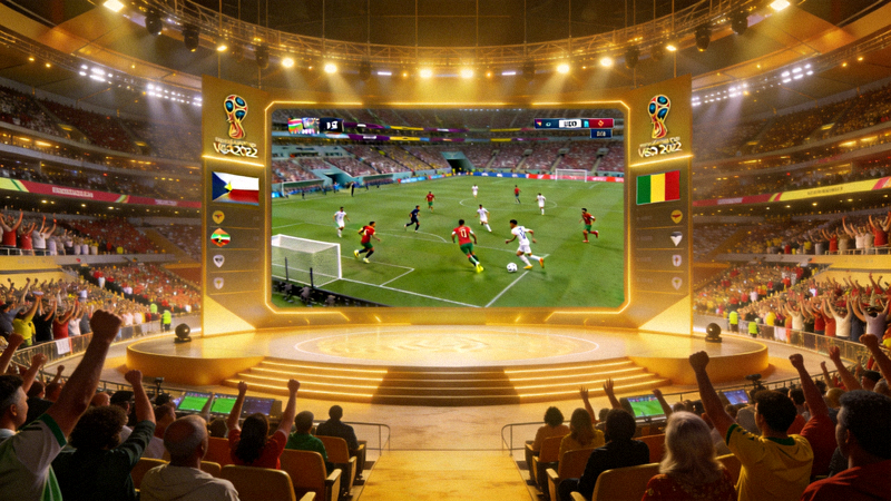 世界杯直播大厅主画面 - 显示一场激烈足球比赛的实时高清直播画面，看台座无虚席